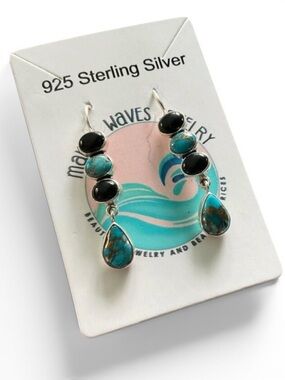 Kingman Turquoise & Black Onyx Solid 925 Sterling Silver Earrings
